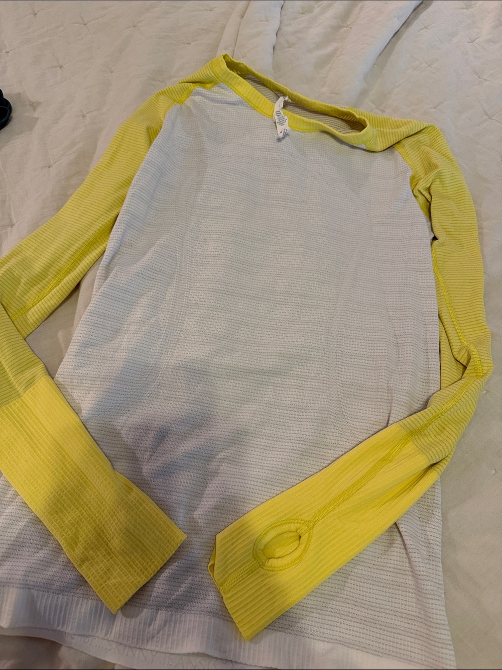 lululemon athletica White Waffle Body Raglan Long Sleeve Top with Yellow Sleeves